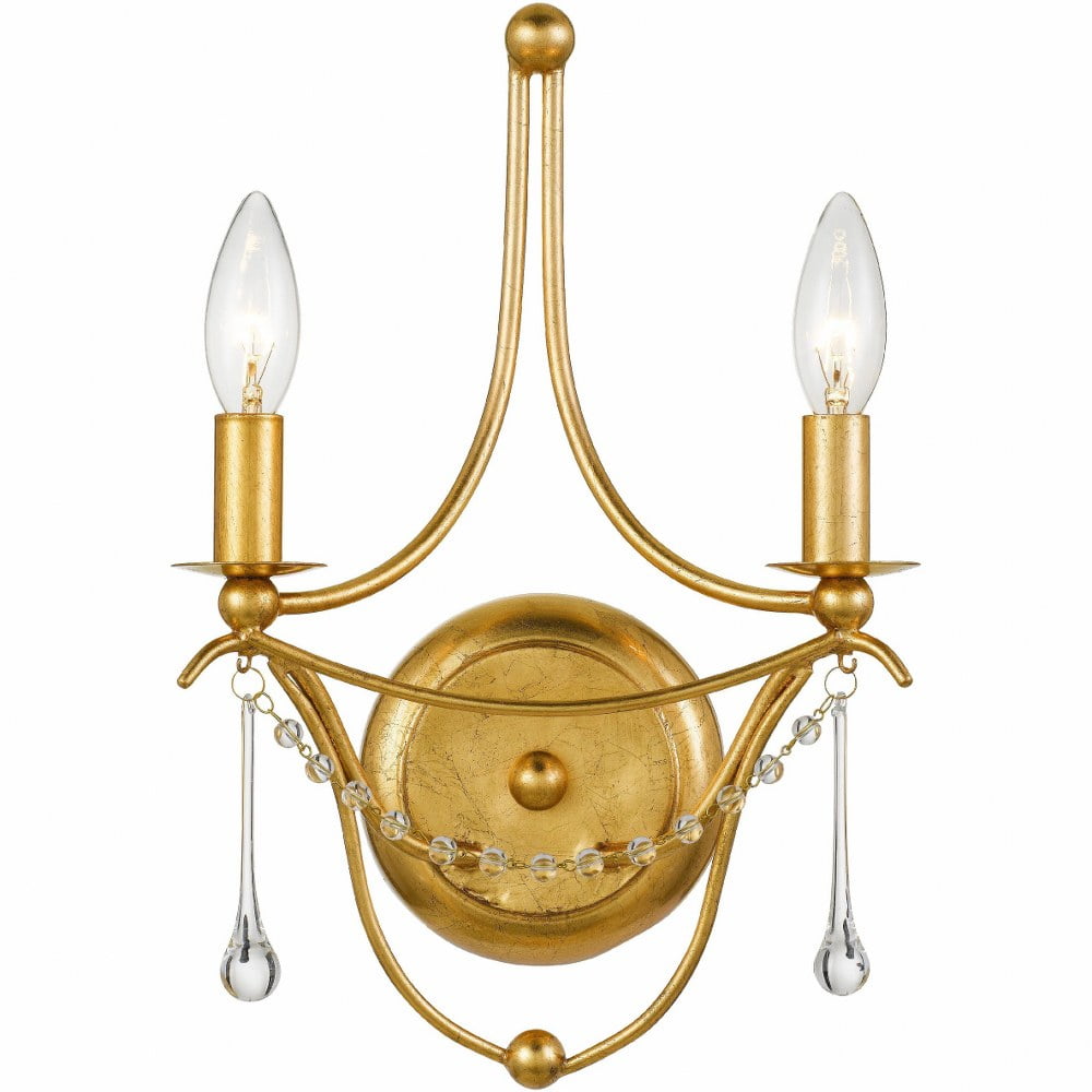 Elegant Antique Gold Wall Sconce with Clear Glass Beads, 2-Light