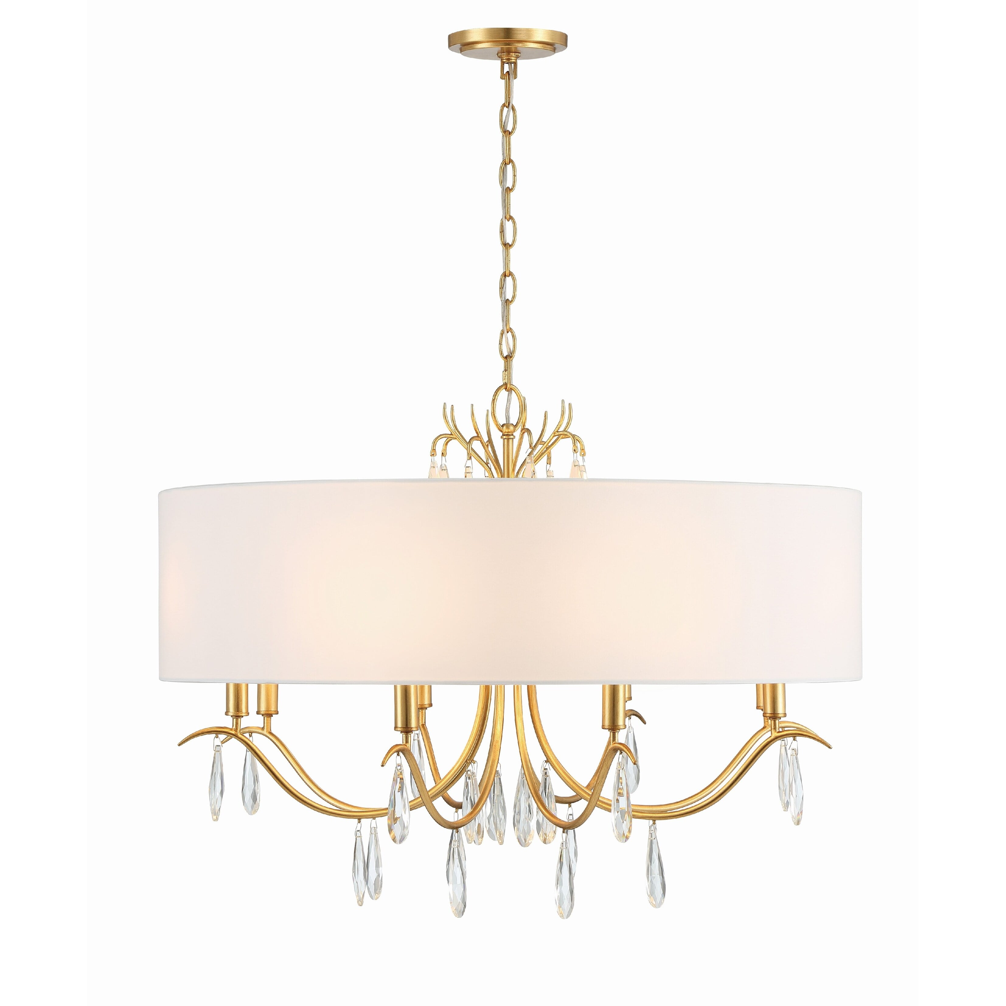 Antique Gold 8-Light Drum Chandelier with White Silk Shade