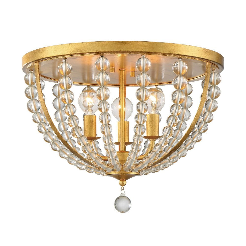 Elegant Antique Gold 3-Light Flush Mount with Clear Glass Beads