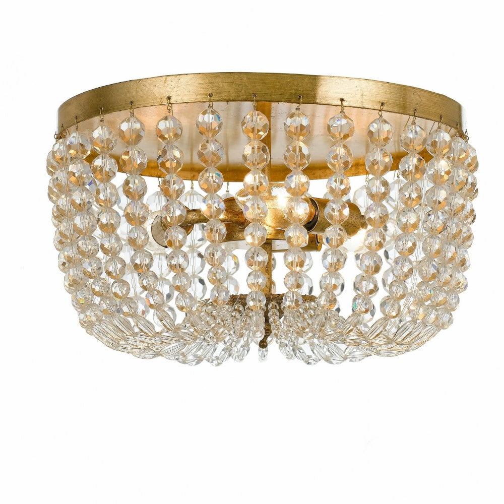 Antique Gold Crystal Flush Mount with Natural Wood Beads