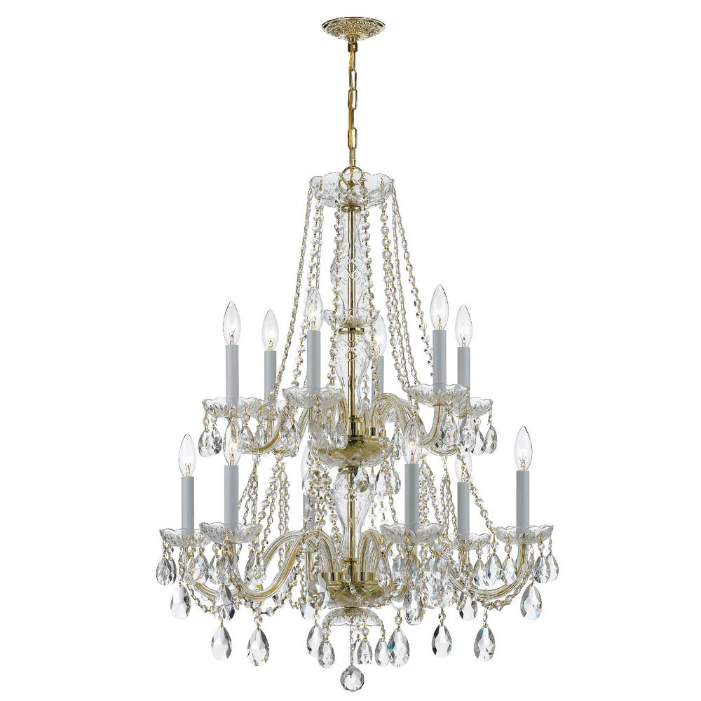 Polished Brass and Crystal 12-Light Candle Chandelier