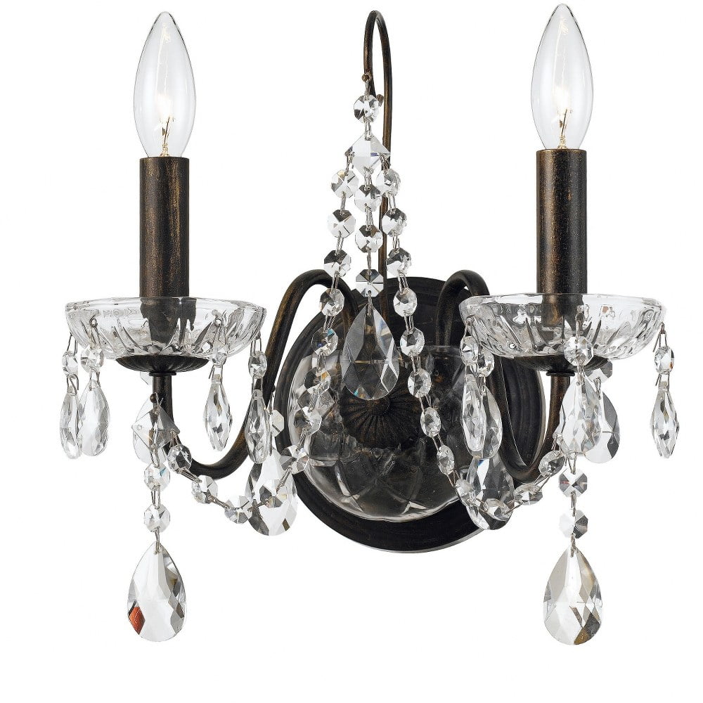Butler English Bronze 2-Light Dimmable Sconce with Clear Hand Cut Crystals