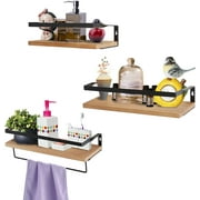 Crzdeal Floating Shelves with Rail & Towel Rack, Set of 3, Wood Wall Mounted,11.3''X5.6''X2.9''
