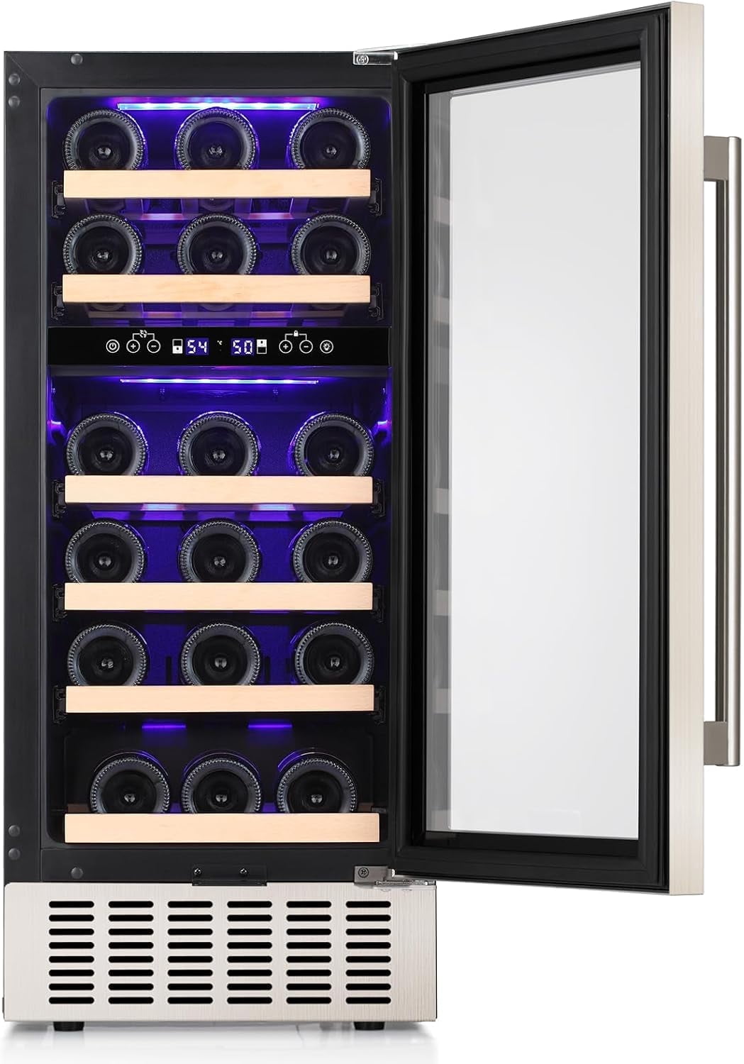 CRZOE 28 Bottle Wine Fridge with Lock, 15 Inch Wine Refrigerator for Red, White, Champagne, Beer, Dual Temperature Zone, Built-In or Freestanding, Wood Shelves, Stainless Steel Glass Door