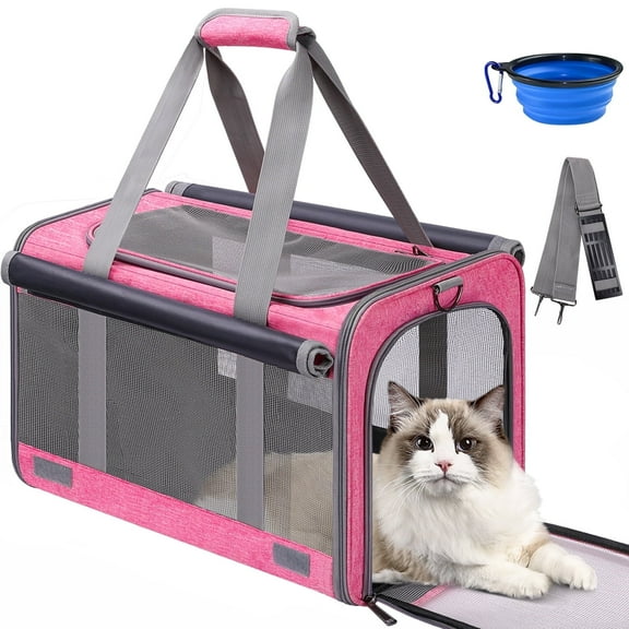 CshidWorld Cat Carrier, Pet Carrier for Large Cats, Soft-Sided Cat Carrier with a Bowl/Front Storage Bag for Small Medium Cats Dogs up to 20lbs, Collapsible Travel Cat Carrier, TSA Approved(Pink)