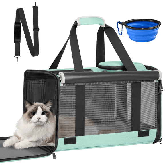 Cat Carrier, Large Cat Carrier for Medium Cats, Foldable Soft-Sided Cat Carriers under 25lbs with a Bowl, Mat, Travel Car Cat Carries for Outdoors, TSA Airline Approved,Green