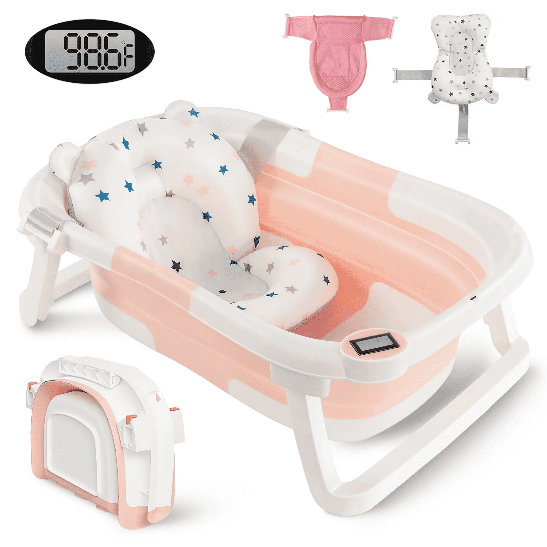 Babyhug Foldable Bathtub with Cushion and Inbuilt Thermometer - Pink