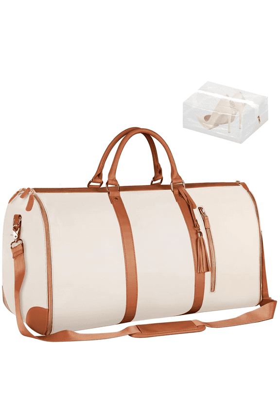 Convertible Travel Garment Bag, Foldable Carry on Garment Duffel Bag with Shoulder Strap/Shoes Bag for Men Women- 2 in 1 Hanging Suitcase Suit Travel Bags, Off White