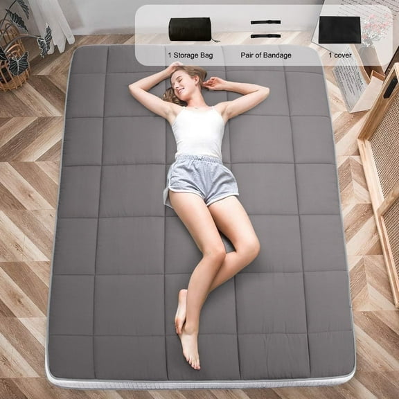 CshidWorld Japanese Floor Mattress, Futon Mattress w/Storage Bag & Washable Cover, Roll up Floor Mattress 4” Thick Tatami Mattress Quilted Bed Mattress Topper for Dorm, Guest Room, Gray, Full