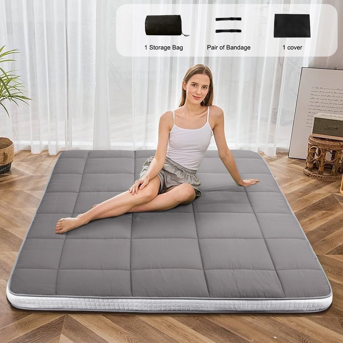 CshidWorld Japanese Floor Mattress, Futon Mattress w/Storage Bag & Washable Cover, Roll up Floor Mattress 4” Thick Tatami Mattress Quilted Bed Mattress Topper for Dorm, Guest Room, Gray, Queen