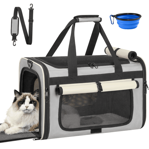 CshidWorld Collapsible Cat Carrier Pet Carrier for Large Cats (up to 25lbs), TSA Airline Approved Cats Carrier Soft Sided, Small Dog Travel Bag with a Bowl/Safety Leash-Beige Gray