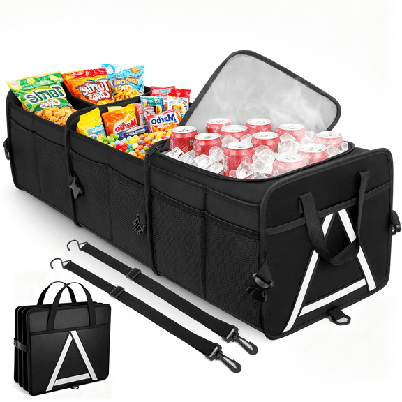 Cshidworld Car Storage Organizer, Collapsible Multi Compartment SUV Trunk Organizer, Foldable Storage for Car Accessories for Car, SUV, Sedan, 600D Oxford, Non Slip Bottom, Securing Straps,110L