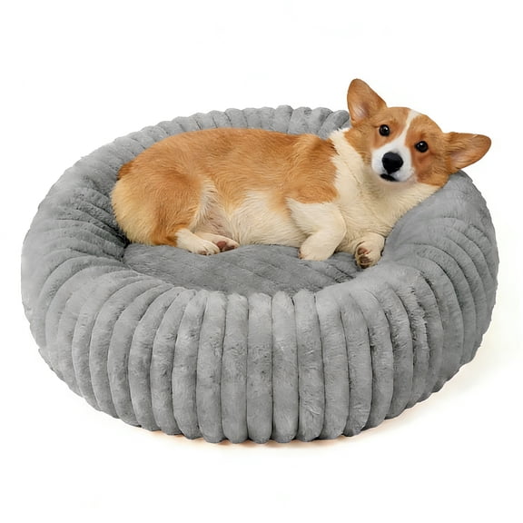 Cshidworld 20" Calming Donut Dog Bed for Small Dogs, Corduroy Fleece, Anti-Anxiety Plush Pet Bed, Washable Faux Fur Puppy Bed for Small & Medium Dogs and Cats