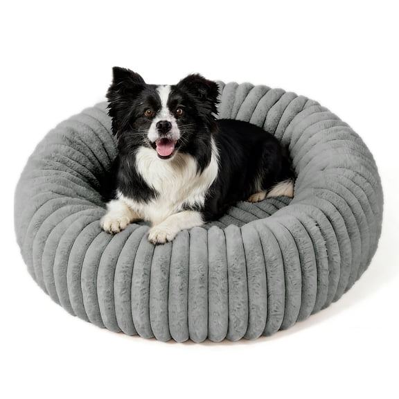 Cshidworld 24" Calming Donut Dog Bed for Small Dogs, Corduroy Fleece, Anti-Anxiety Plush Pet Bed, Washable Faux Fur Bed for Small & Medium Dogs and Puppies