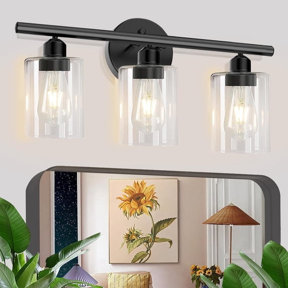 Cshidworld 3-Light Black Dimmable Vanity Light with Clear Glass Shade