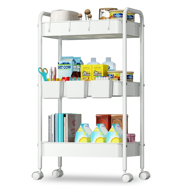 Cshidworld 3 Tier Rolling Utility Cart with 3 Hanging Cups 4 Hooks Handle and Lockable Casters
