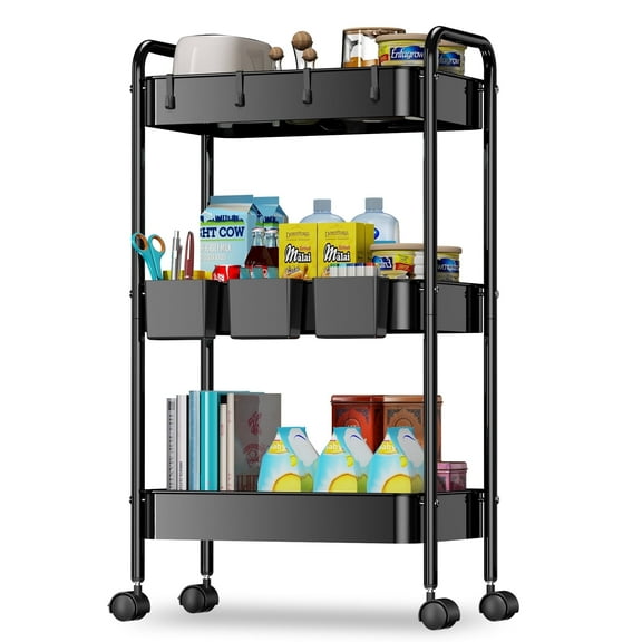 Cshidworld 3 Tier Rolling Utility Cart with 3 Hanging Cups, Black