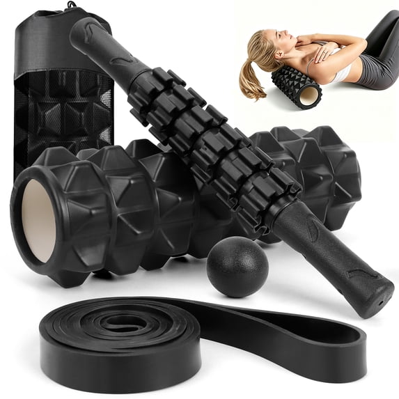 Cshidworld 5-in-1 Foam Roller Set, 13-inch Deep Tissue Foam Roller with Massage Stick, Massage Ball, Resistance Band & Carry Bag for Stretching, Yoga, Pilates & Fitness
