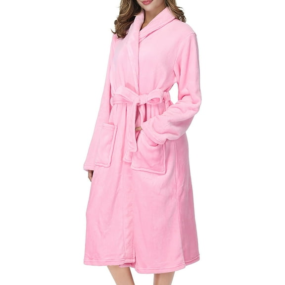 Robes for Women, Soft Fleece Women's Robe with Shawl Collar, Cozy Fluffy Long Bathrobes with Side Pockets, Female Robes for for Spa, Hotel Style at Home, Size L, Pink