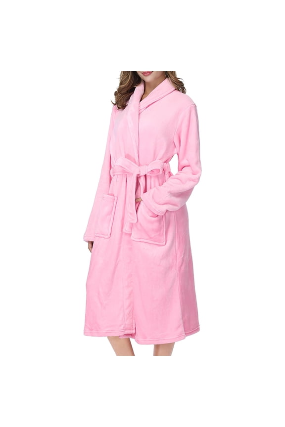 Robes for Women, Soft Fleece Women's Robe with Shawl Collar, Cozy Fluffy Long Bathrobes with Side Pockets, Female Robes for for Spa, Hotel Style at Home, Size L, Pink