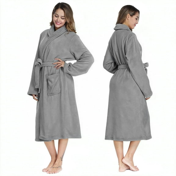 Women’s Fleece Robes, Soft Plush Knee Length Bathrobe with Shawl and Side Pockets, Comfy Fast Dry Robes for Women, Female Robes for Family Pajama,SPA, Size M, Gray