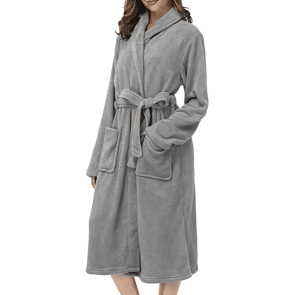 Robes for Women, Soft Fleece Women's Robe with Shawl Collar, Cozy Fluffy Long Bathrobes with Side Pockets, Female Robes for for Spa, Hotel Style at Home, Size M, Grey