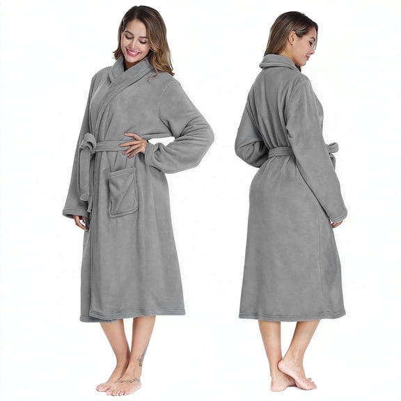 Women’s Fleece Robes, Soft Plush Knee Length Bathrobe with Shawl and Side Pockets, Comfy Robes for Women Fast Dry, Female Robes for Family Pajama,SPA, Size M, Gray