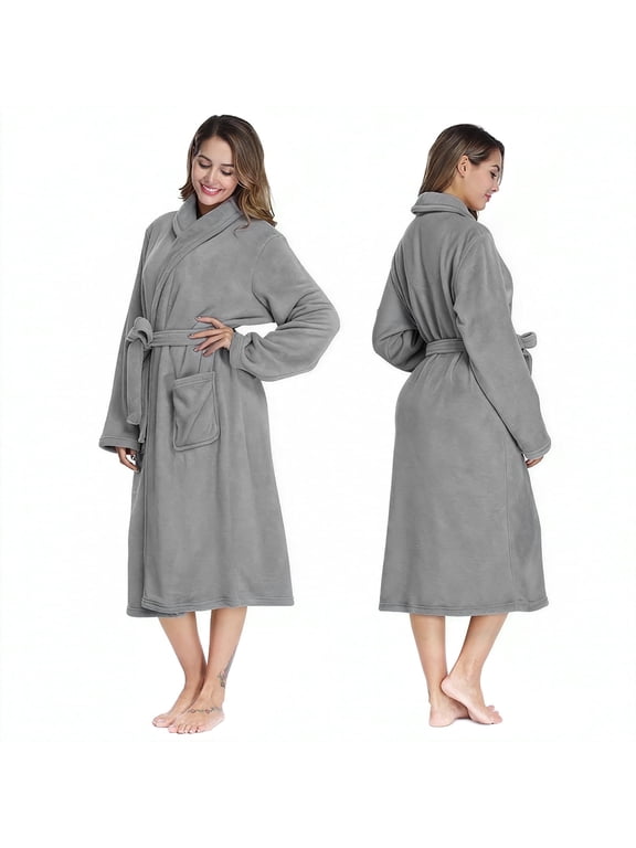 Women’s Fleece Robes, Soft Plush Knee Length Bathrobe with Shawl and Side Pockets, Comfy Robes for Women Fast Dry, Female Robes for Family Pajama,SPA, Size M, Gray