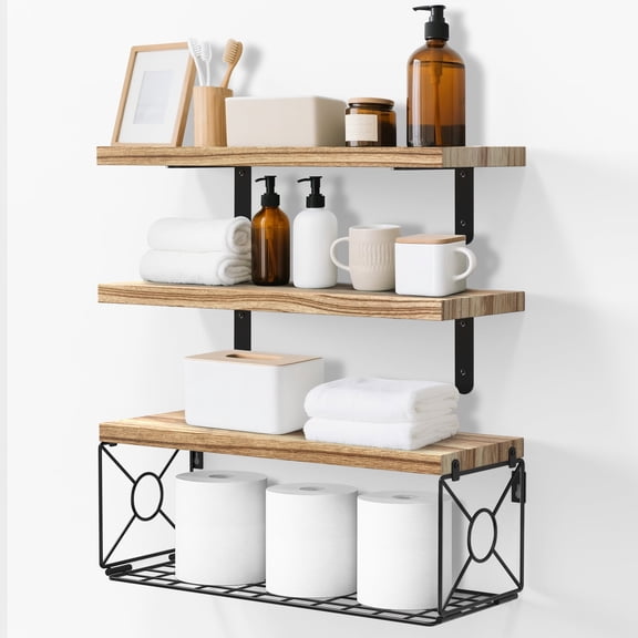 Cshidworld Bathroom Shelves Over Toilet with Storage Basket, 3+1 Tier Floating Shelf for Wall, Bathroom Floating Shelves with Toilet Paper Storage for Living Room Bedroom and Kitchen, Brown