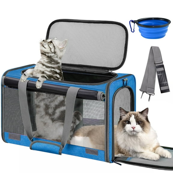 Cshidworld Cat Carrier Airline Approved, Pet Carriers for Cats with Water Bowl/Front Pocket/Adjustable Shoulder Strap, Collapsible Car Travel Cat Carrier for Small Medium Cat Dogs up to 20lbs, Blue