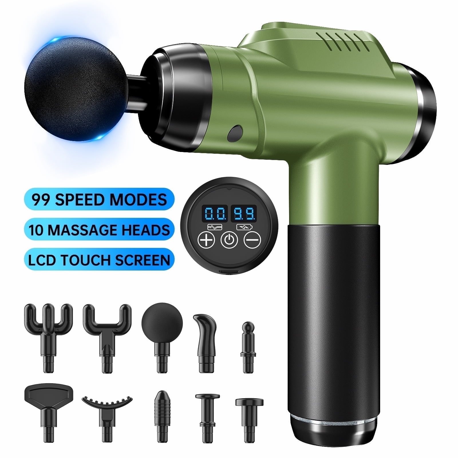 Cshidworld Deep Tissue Massage Gun, Upgrade 99 Speed Back Massager with 10 Massages Heads & Silent Brush Motor, Percussion for Pain Relief, Quiet Electric for Relaxation - Green