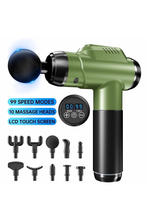 Deep Tissue Massage Gun, Upgrade 99 Speed Back Massager with 10 Massages Heads & Silent Brush Motor, Percussion for Pain Relief, Quiet Electric for Relaxation - Green
