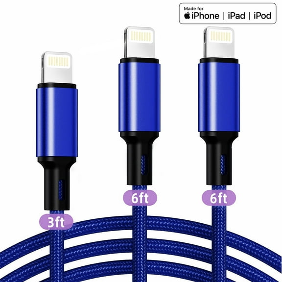 Cshidworld Lightning Cable, 3Pack [Apple MFi Certified] Nylon Fast Charging (3/6/6ft)，Compatible with iPhone 14/13/12/11 Pro Max/Pro 13/12 Mini MAX XS Xr X 6 AirPods iPad，Blue