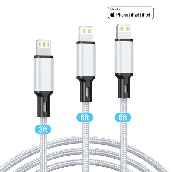 Cshidworld Lightning Cable, 3Pack [Apple MFi Certified] Nylon Fast Charging (3/6/6ft)，Compatible with iPhone 14/13/12/11 Pro Max/Pro 13/12 Mini MAX XS Xr X 6 AirPods iPad, Silver