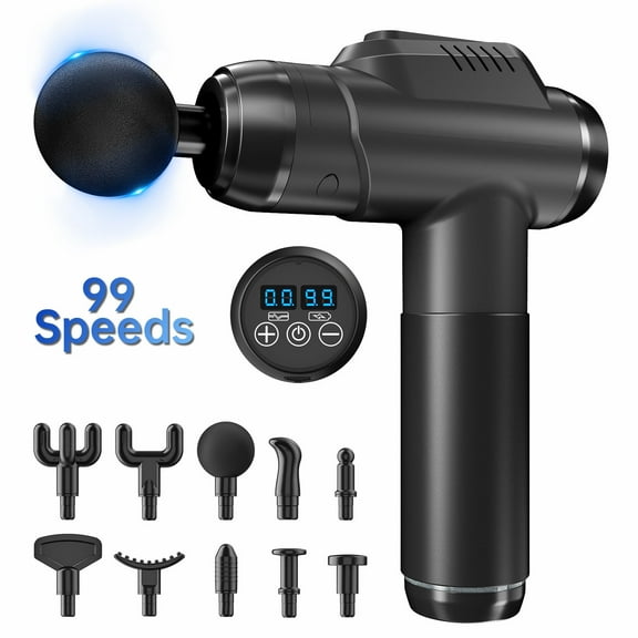 Cshidworld Massage Gun, Deep Tissue Massager, Portable Muscle Massage Gun for Back Neck Muscle Relieve, Quiet Massager Gun 99 Variable Speeds Digital Display 10 Massage Heads (Black)