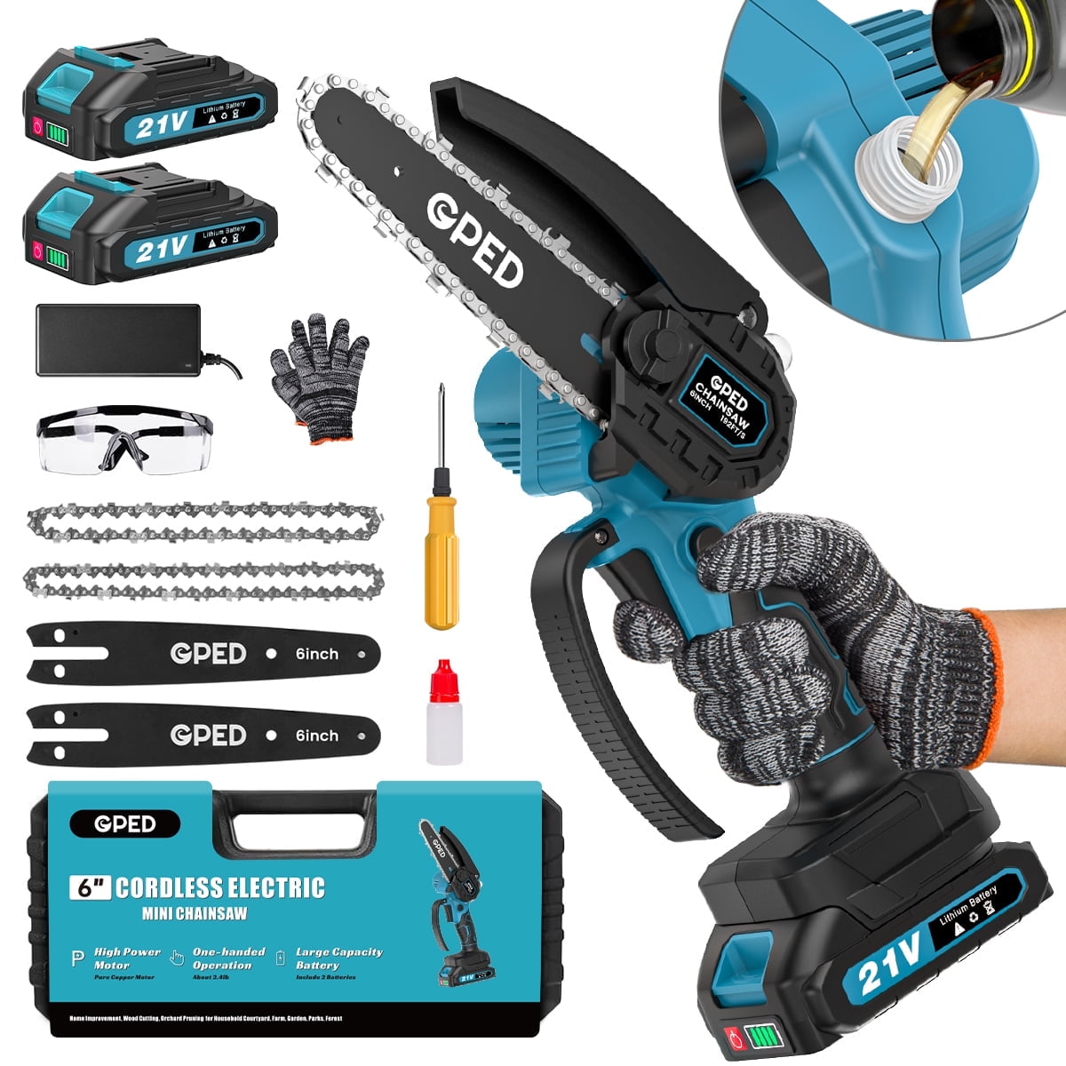 GPED 6 Inch Mini Chainsaw Cordless with 2 Batteries, Automatic Oiler Portable Electric Chain Saw, Hand Saw for Wood/Trees Cutting, Household and Garden, Father's Day Gift for Men Dad Husband, Blue