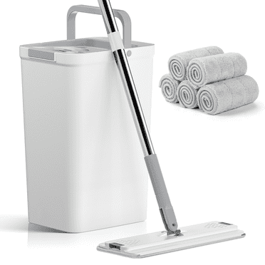 Cshidworld Mop and Bucket Set, Hands Free Flat Floor Mop and Bucket with Wringer, 5 Washable Microfiber Pads Included, Wet and Dry Use, Floor Cleaning System for All Floor Types and Windows