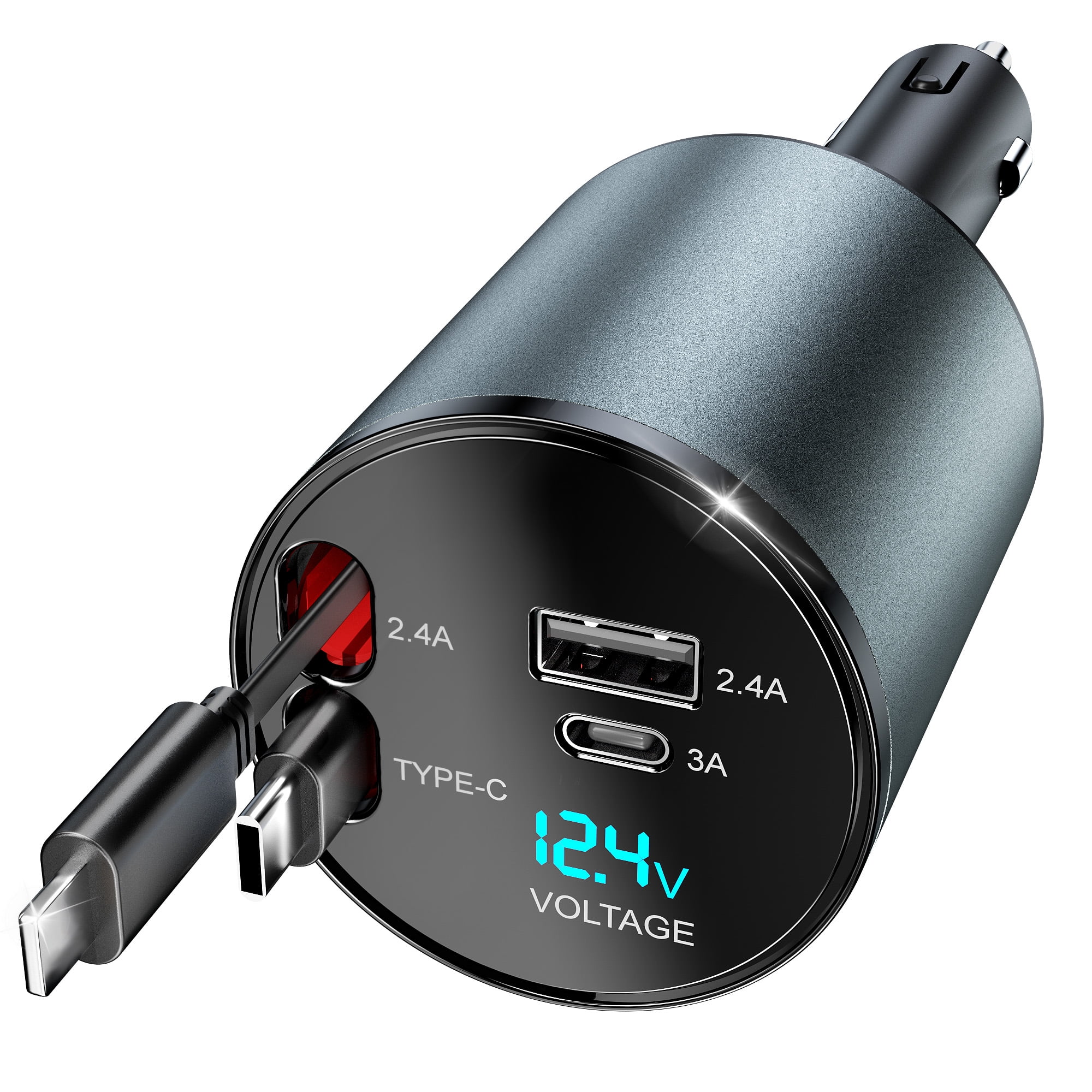 4 in 1 Fast USB & Lightning Car Charger for Android, iPhone & Multiple Devices, Retractable Cable with Vehicle Plug, 66W