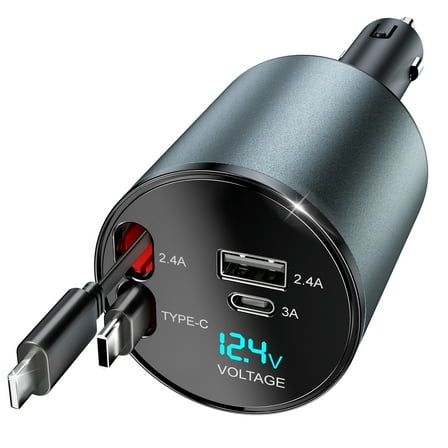 Cshidworld Retractable Car Charger for iPhone and Type C Cigarette Lighter Adapters, ABS+PC Black