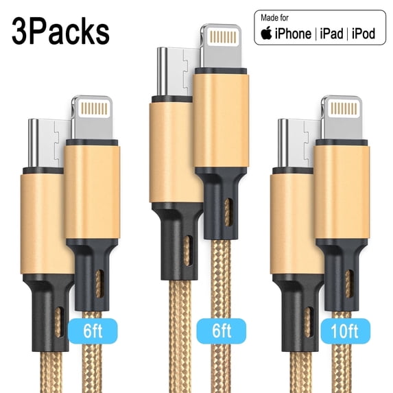 Cshidworld USB C to Lightning Cable 3-pack, 6 ft, 6 ft, and 10 ft, MFi Certified, Gold, fast charging for iPhone and iPad