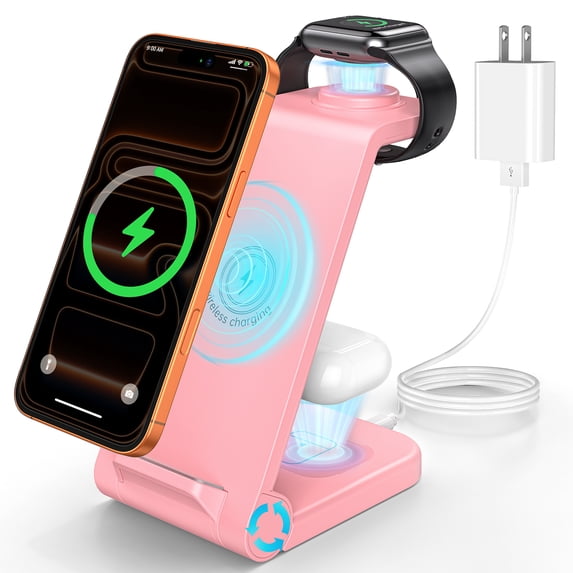 Cshidworld Wireless Charger, 3 in 1 Charging Station, 23W Fast Charging Dock for iPhone 17/16e/15/14/13/12/11 Pro Max, AirPods 4/3/2/Pro, iWatch Series 2-11, Samsung Charger Stand (Pink)