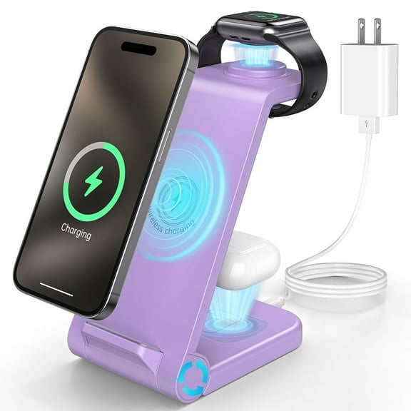 Cshidworld Wireless Charger, 3 in 1 Charging Station, 23W Fast Charging Dock for iPhone 17/16e/15/14/13/12/11 Pro Max, AirPods 4/3/2/Pro, iWatch Series 2-11, Samsung Charger Stand (Purple)