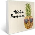 thumbnail image 1 of Cskhip Aloha Summer Decor Pineapple Gifts Beach Decor Wooden Box Sign for Table Top Bathroom Shelf Entryway Centerpieces Sitter Desk Farm Counter Kitchen Hawaiian Party Wood Decores 5" x 5", 1 of 5