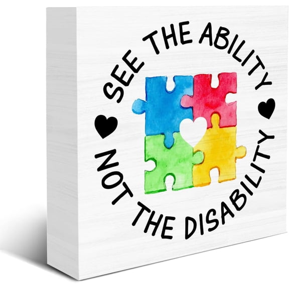 Cskhip Autism Awareness Sign Rustic See the Ability Not the Disability Wood Block Sign Decoration for Home Office Classroom Shelf Desk 7x7 inch