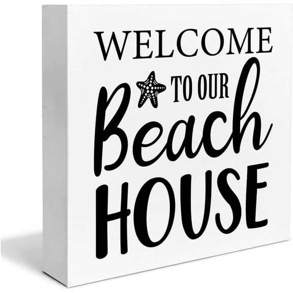 Cskhip Beach Welcome Wooden Box Sign Beach House Decor Welcome to Our Beach House Square Wood Sign Desk Decoration Wood Block Plaque Box Sign for Shelf Home 5x5 inch