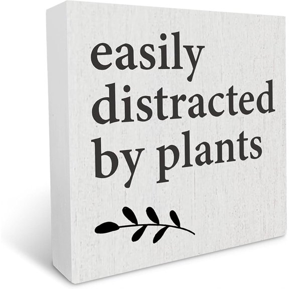 Cskhip Easily Distracted by Plants Wooden Box Sign Decorative Lover Rustic Wood Box Sign Home Office Decor Funny Farmhouse Plant Square Desk Decor Sign for Shelf 5x5 inch