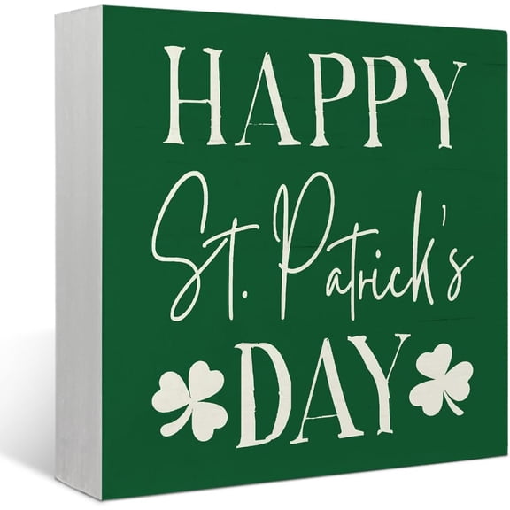 Cskhip Happy St.Patrick's Day Wooden Box Sign,Spring Decor,Green Lucky Clover Desk Decor,St.Patrick's Day Gifts,Wood Box Sign Block for Living Room Bedroom Shelf Tabletop Decor 5x5 inch