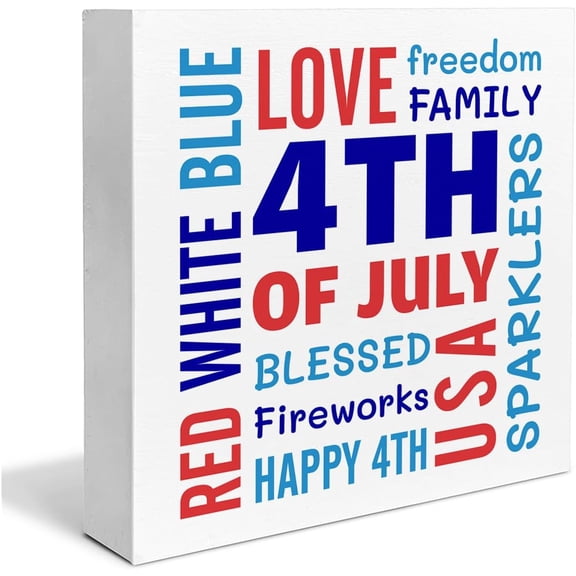 Cskhip Independence Day Decor 4th of July Sign America Patriotic Desk Decoration Wooden Box Sign Square Wood Sign Wood Block Plaque Box Sign for Shelf Home 7x7 inch
