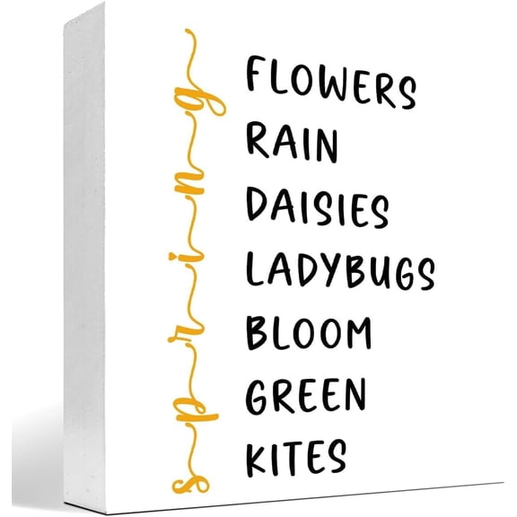 Cskhip Spring Wooden Block Sign,Funny Spring Plaque Desk Decor,Spring Word List Flowers Rain Daisies Bloom Spring Themed Wood Box Sign for Farmhouse Garden Shelf Office Table Decor 5x5 inch