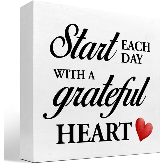 Cskhip Start Each Day with a Grateful Heart Wood Block Sign Desk Decor,Grateful Table Sign Wooden Box Plaque Sign Desk Decor for Home College Office Shelf Table Decor Decorations 7x7 inch